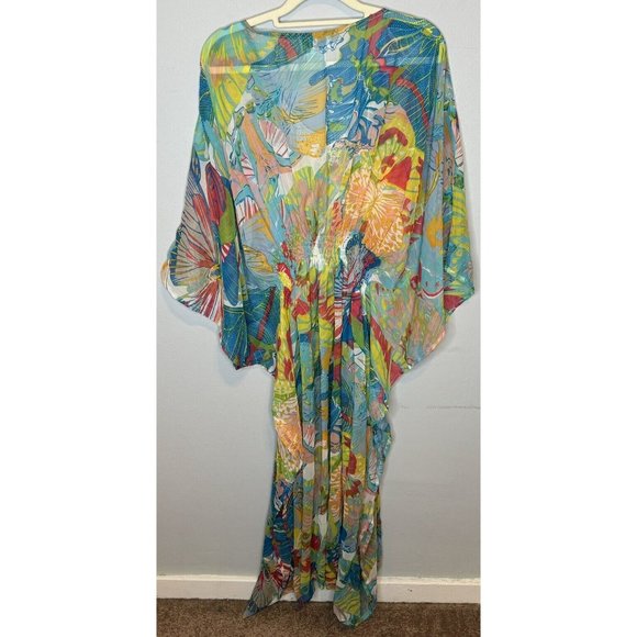 Women’s Swimsuit Coverup Size Large/XL Butterfly Colorful Print Long Beaded - Picture 2 of 8